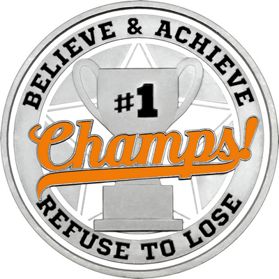 Orange "Champs!" with White Outer Circular Borders